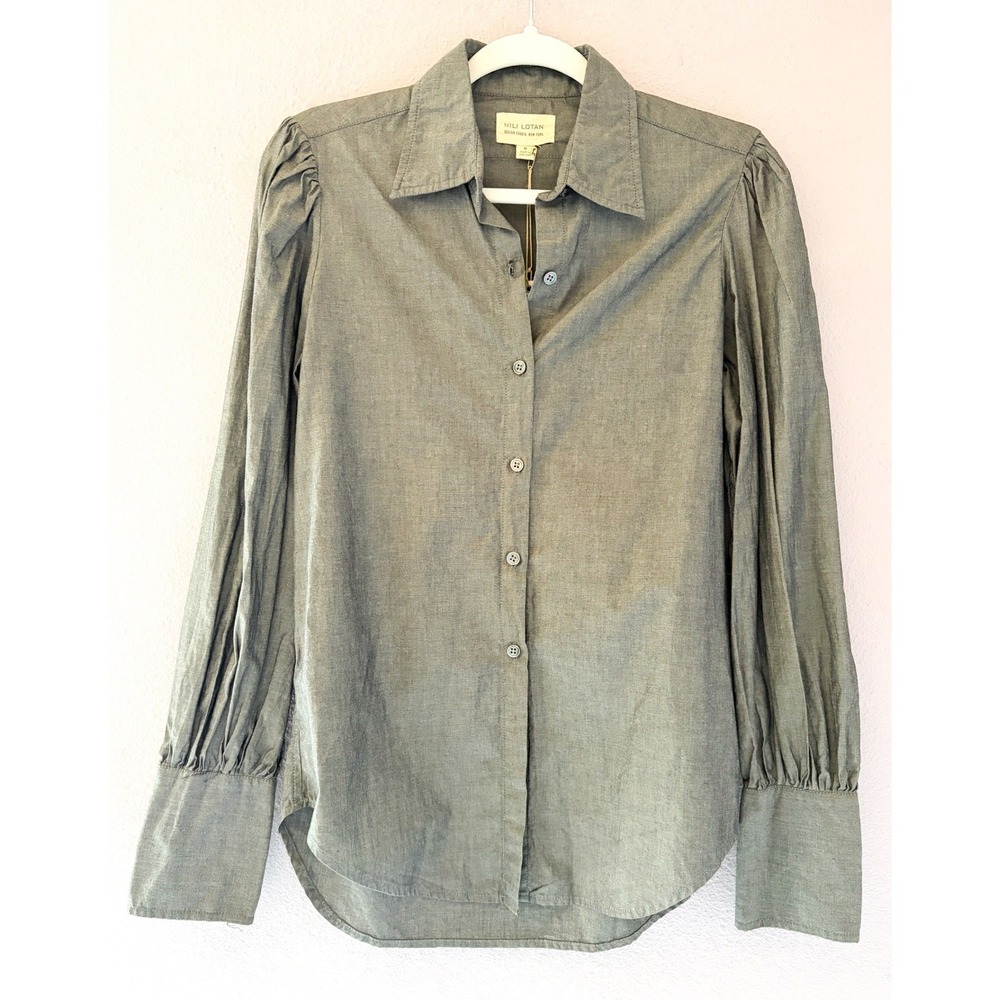 NWT Nili Lotan Oscar Wilde Shirt Gray Cotton Chambray Puff Sleeve Button Down M